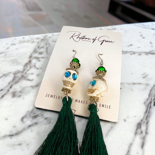 Skull Earrings - Halloween Jewelry, Skull Tassel, Halloween Accessories, Trick or Treat, Halloween Costume - Rhythms of Grace Creative