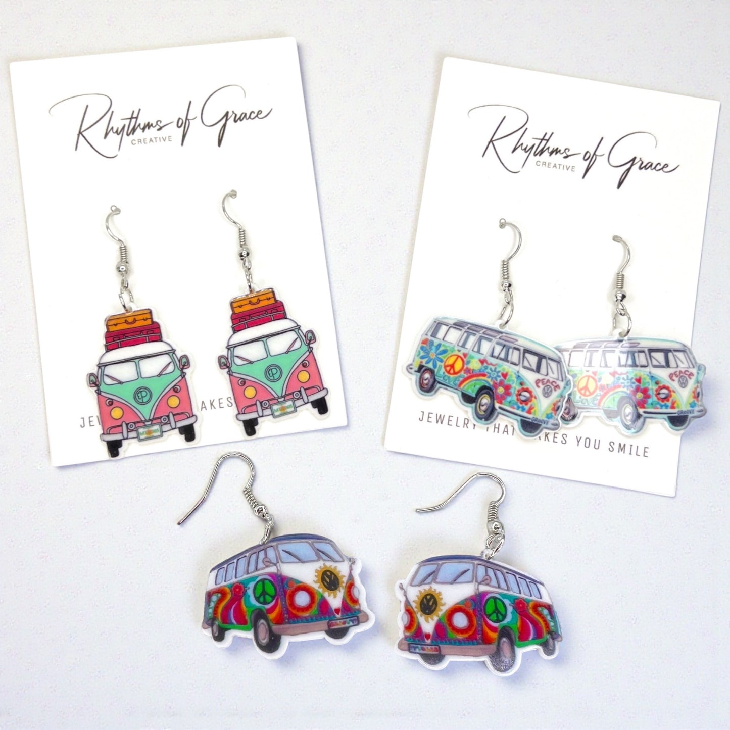 Hippie Van Earrings – Retro Road Trip Jewelry, Flower Power Travel Earrings