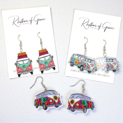 Hippie Van Earrings – Retro Road Trip Jewelry, Flower Power Travel Earrings