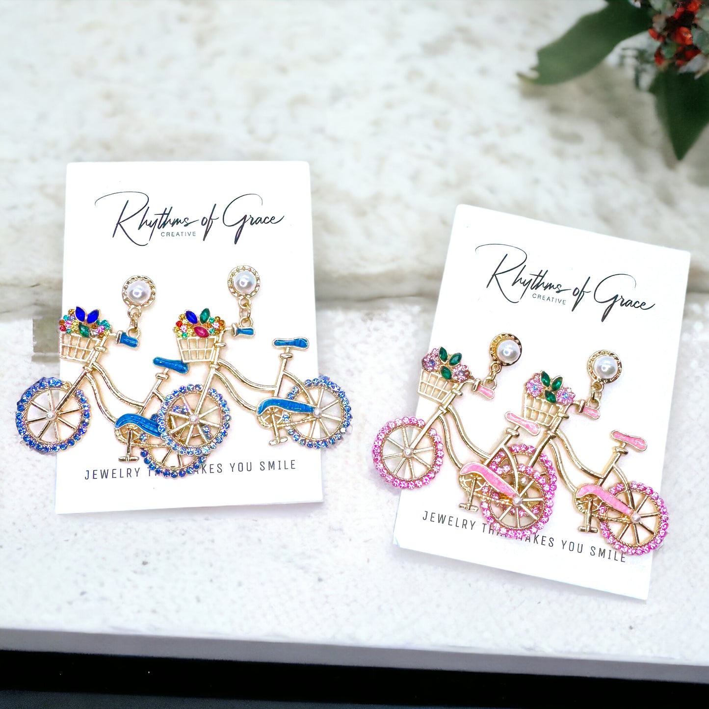 Two-Wheeled Sparkle – Bicycle Earrings with Floral Flair