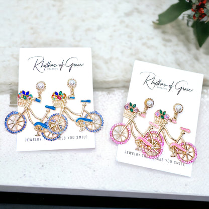 Two-Wheeled Sparkle – Bicycle Earrings with Floral Flair