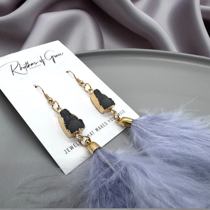 "Feathered Dreams" Druzy Dangle Earrings – Embrace Your Boho Sparkle!