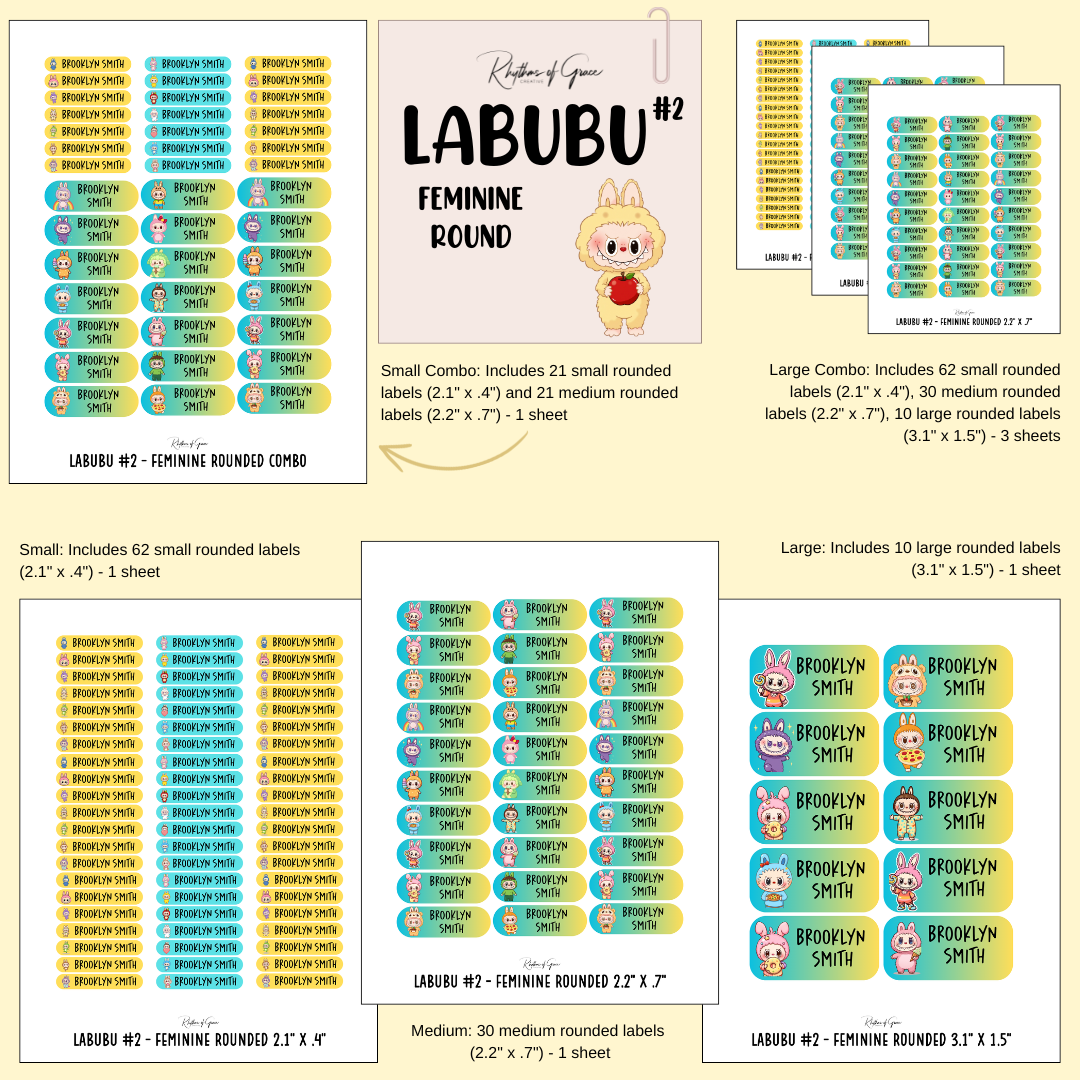 Collection of Labubu labels with different sizes and designs on a beige background.
