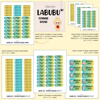 Collection of Labubu labels with different sizes and designs on a beige background.