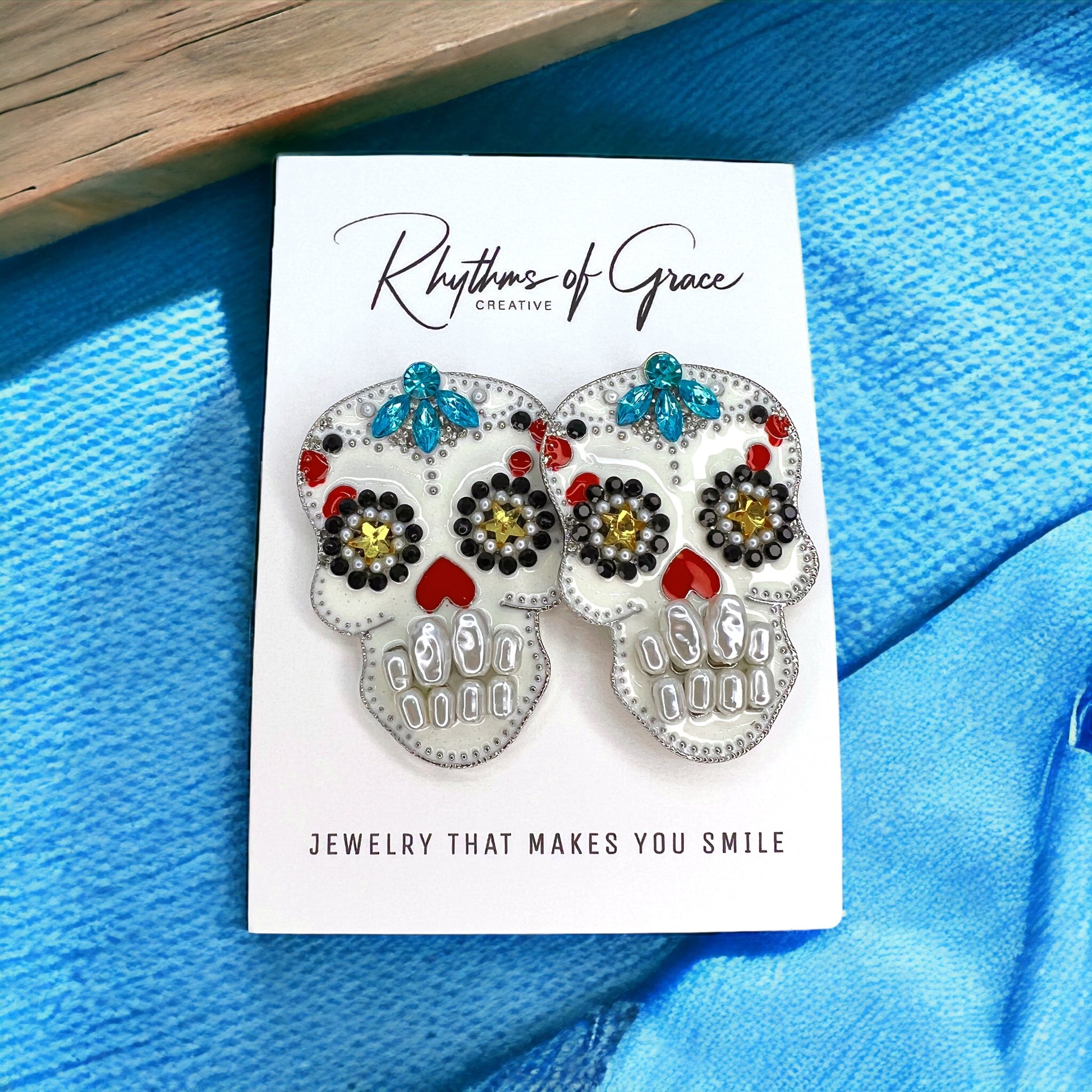 Sugar Skull Earrings - Halloween Earrings, Rhinestone Skull, Halloween Teacher, Jeweled Halloween, Skeleton Earrings - Rhythms of Grace Creative
