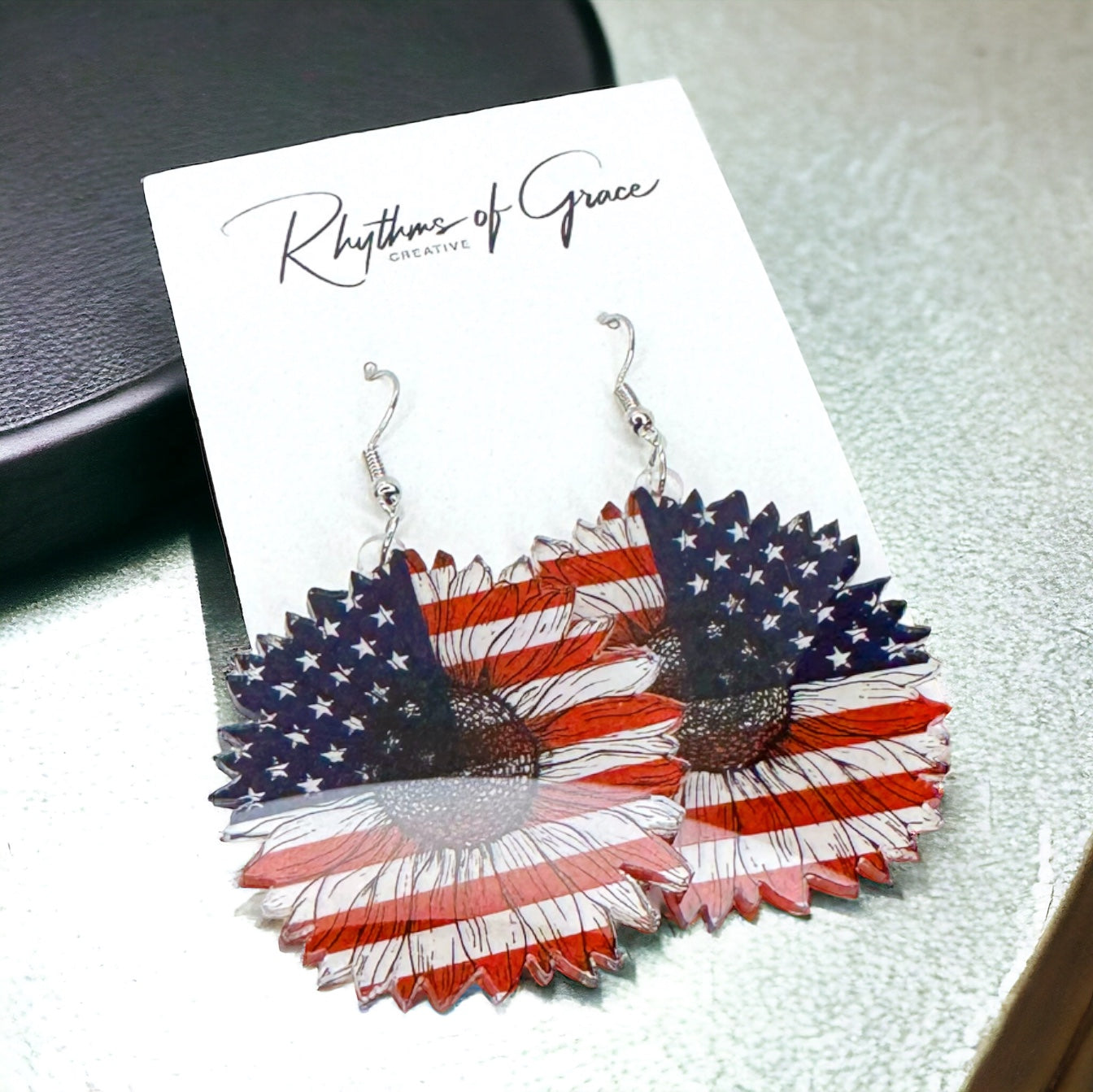 Patriotic Flower Dangle Earrings - Stars & Stripes Design