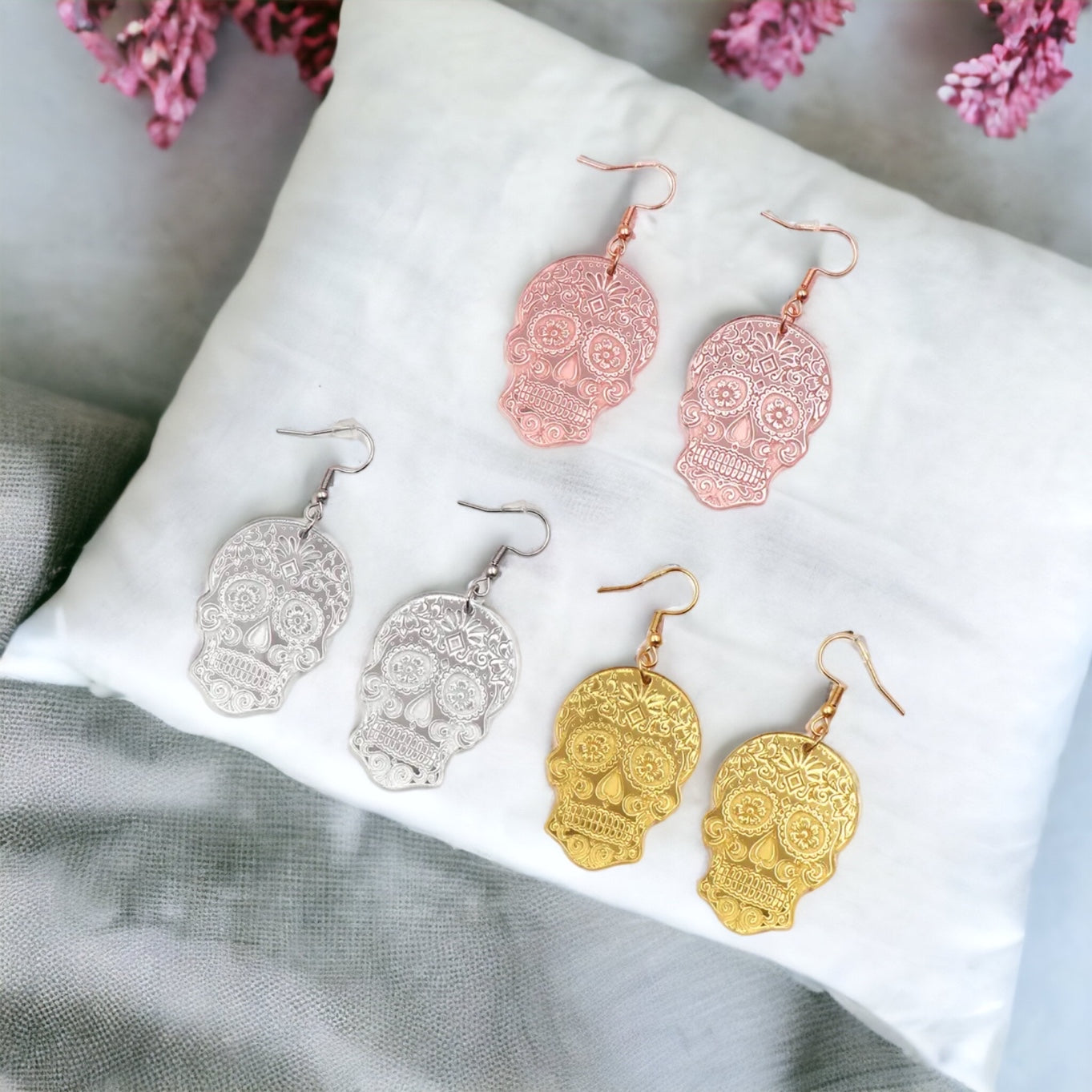 Metallic Skull Earrings - Halloween Earrings, Skeleton Earrings, Halloween Skull, Halloween Earrings, Sugar Skull, Trick or Treat - Rhythms of Grace Creative