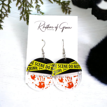 Crime Scene Earrings - True Crime, Halloween Accessories , Halloween Earrings, Halloween Costume, Police Tape - Rhythms of Grace Creative