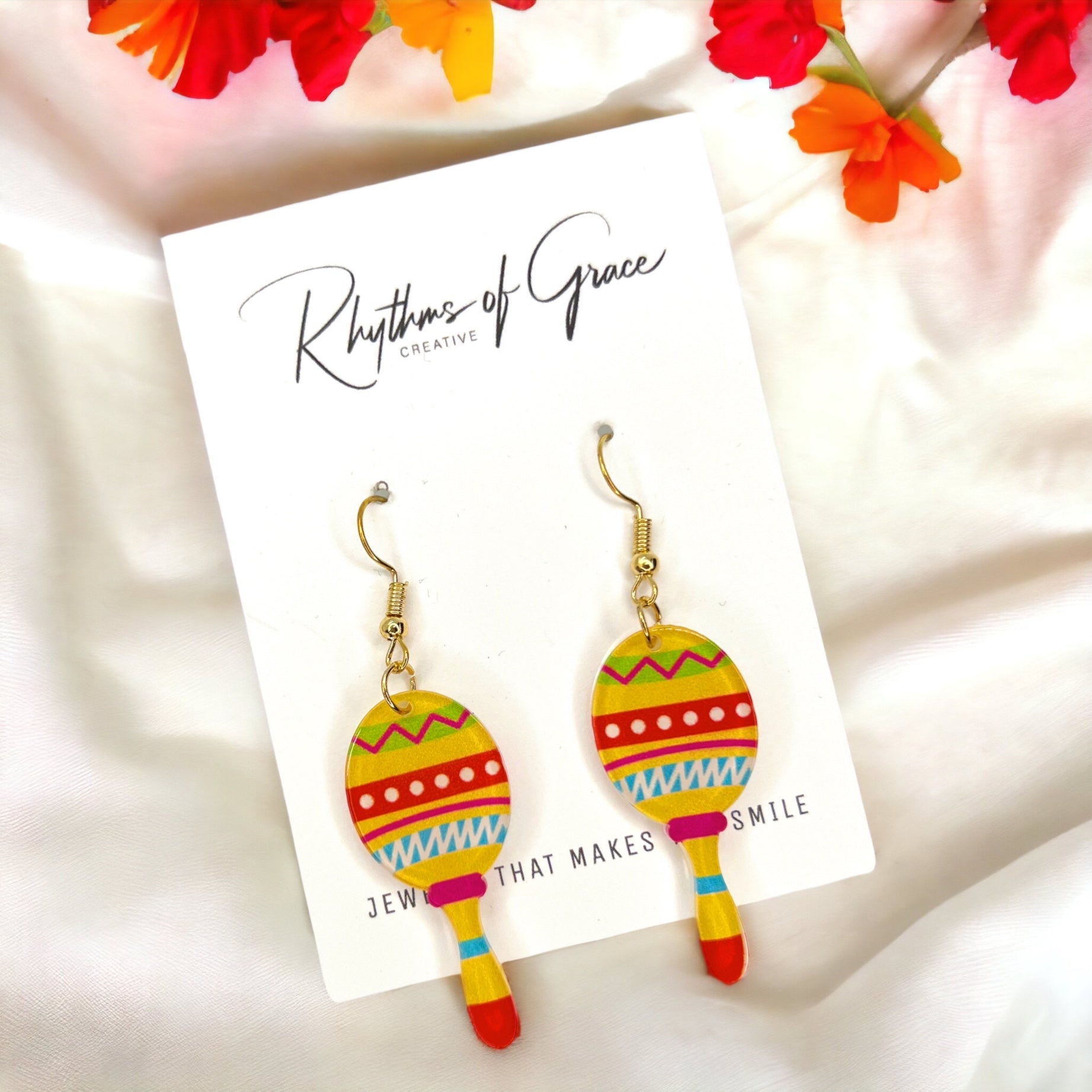 Fiesta Maracas Earrings - Mexican Noise Makers, Halloween Earrings, Halloween Costume, Cinco de Mayo, Taco Tuesday, Dia de los Muertos - Rhythms of Grace Creative