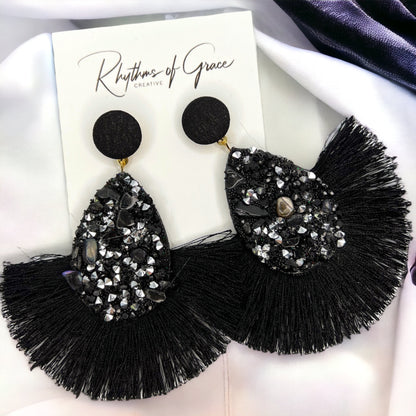 Black Tassel Earrings - Black Rhinestones, hinestone Accessories, Black Earrings, Black and Silver Earrings - Rhythms of Grace Creative
