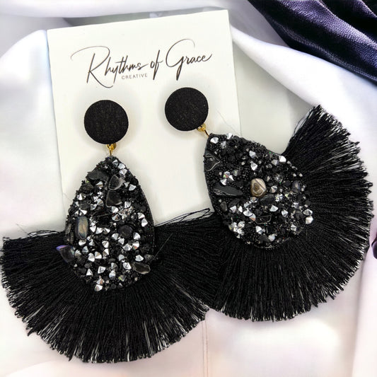Black Tassel Earrings - Black Rhinestones, hinestone Accessories, Black Earrings, Black and Silver Earrings - Rhythms of Grace Creative