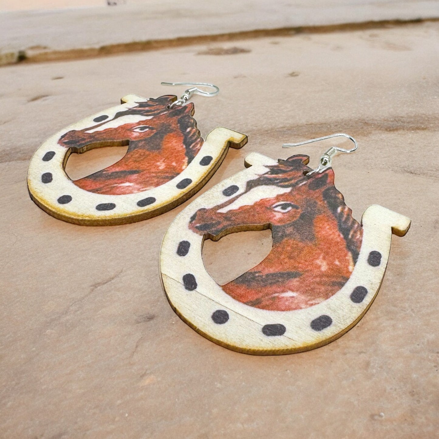 Rustic Chic: Wooden Horse & Horseshoe Dangle Earrings - Equestrian Elegance!