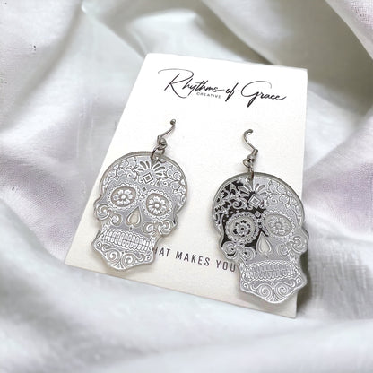 Metallic Skull Earrings - Halloween Earrings, Skeleton Earrings, Halloween Skull, Halloween Earrings, Sugar Skull, Trick or Treat - Rhythms of Grace Creative