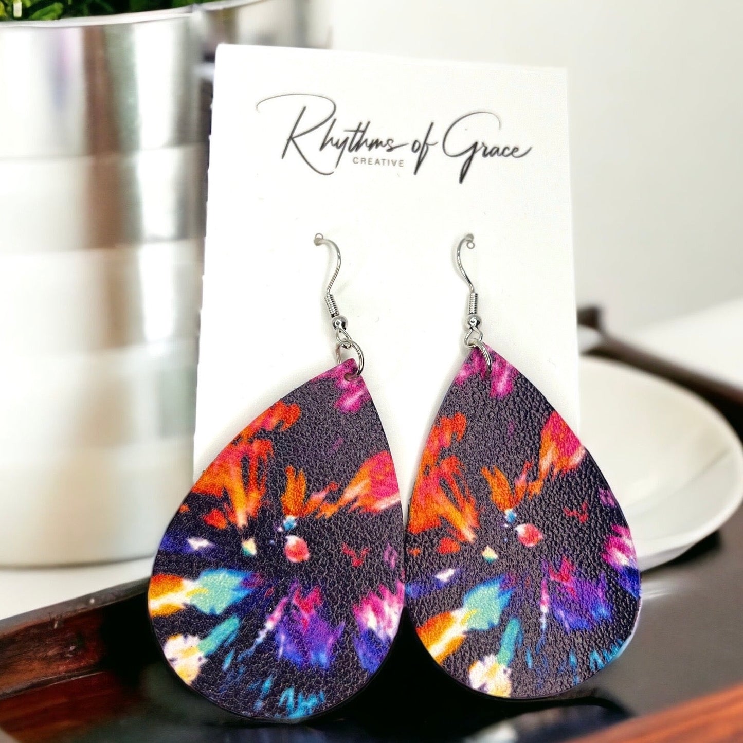 Vibrant Tie Dyed Teardrop Dangle Earrings: Boho Chic Rainbow Style! - Rhythms of Grace Creative