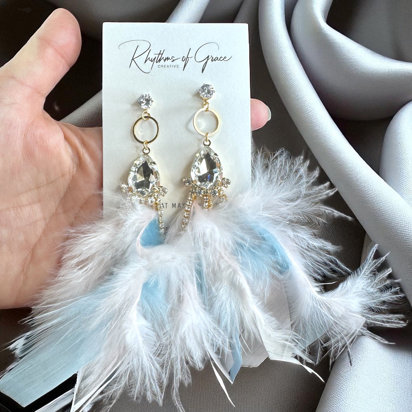 Dreamy Pink & Blue Feather Earrings – Rhinestone Dangles for Boho Queens