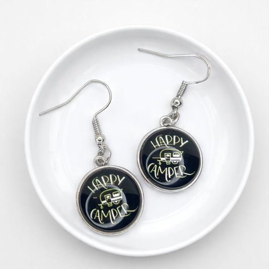 Embrace the Journey with "Happy Camper" Cabochon Dangle Earrings