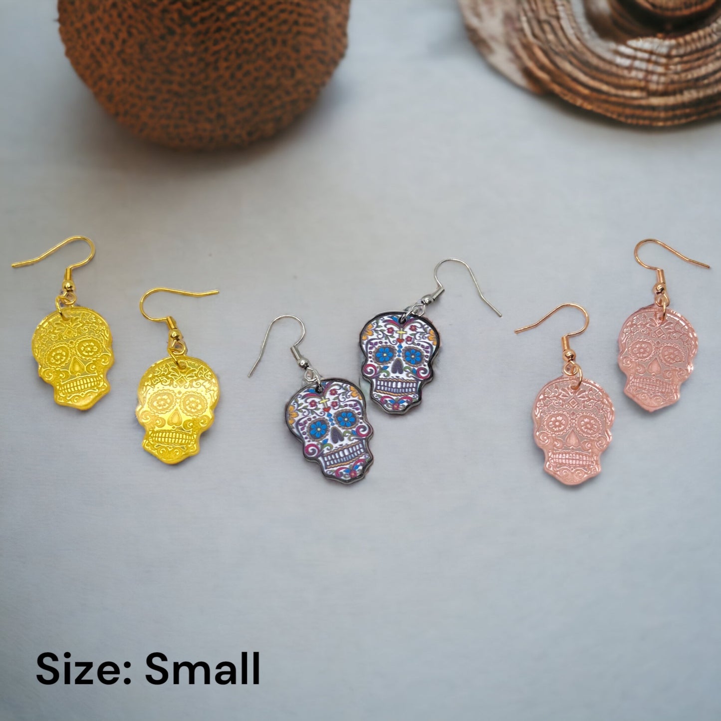 Metallic Skull Earrings - Halloween Earrings, Skeleton Earrings, Halloween Skull, Halloween Earrings, Sugar Skull, Trick or Treat - Rhythms of Grace Creative