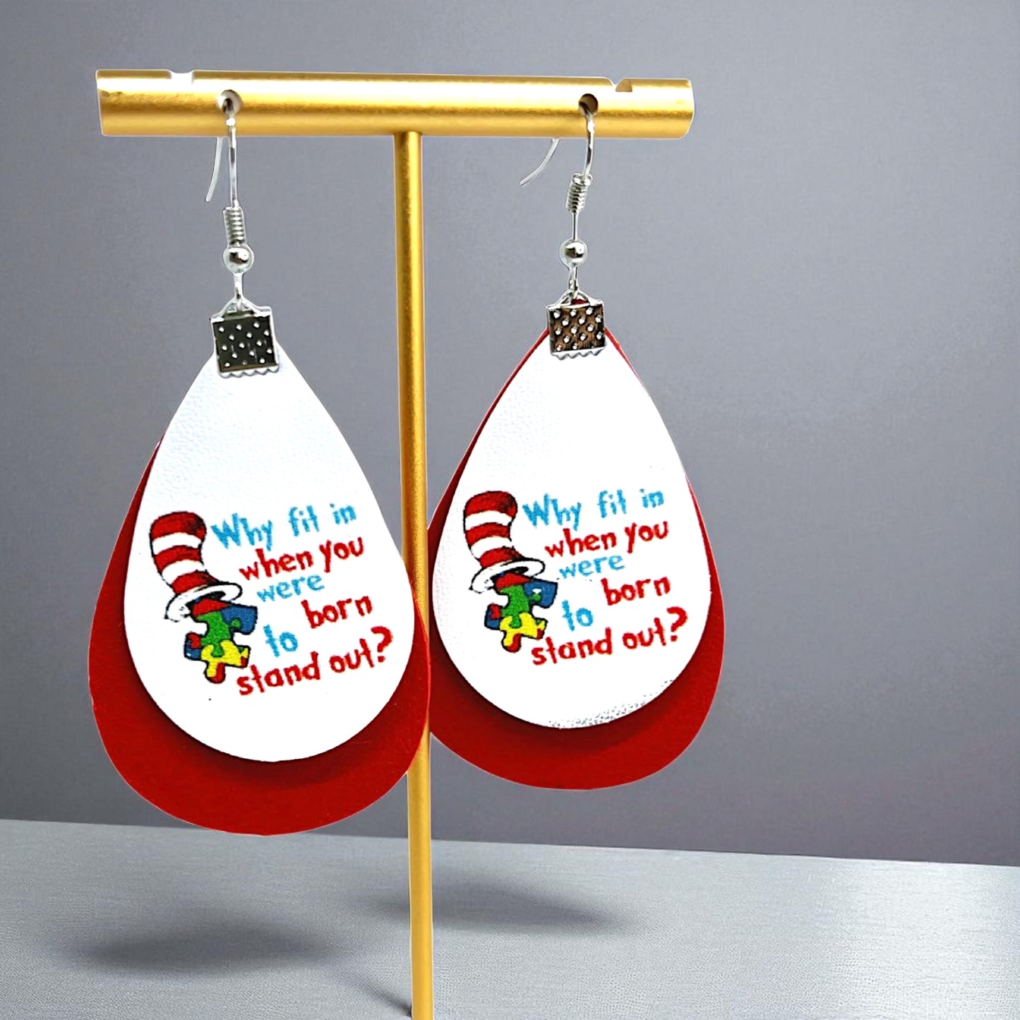 “Why Fit In?” Autism Awareness Teardrop Earrings – Stand Out in Style!