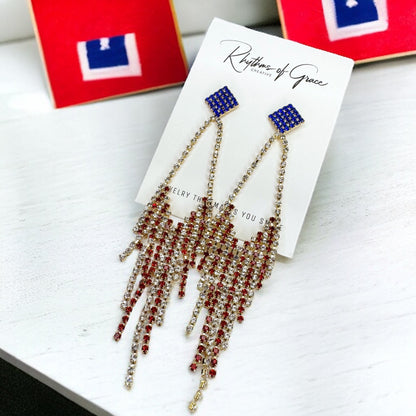 Sparkling Red White & Blue Rhinestone Dangle Earrings - Patriotic Glamour