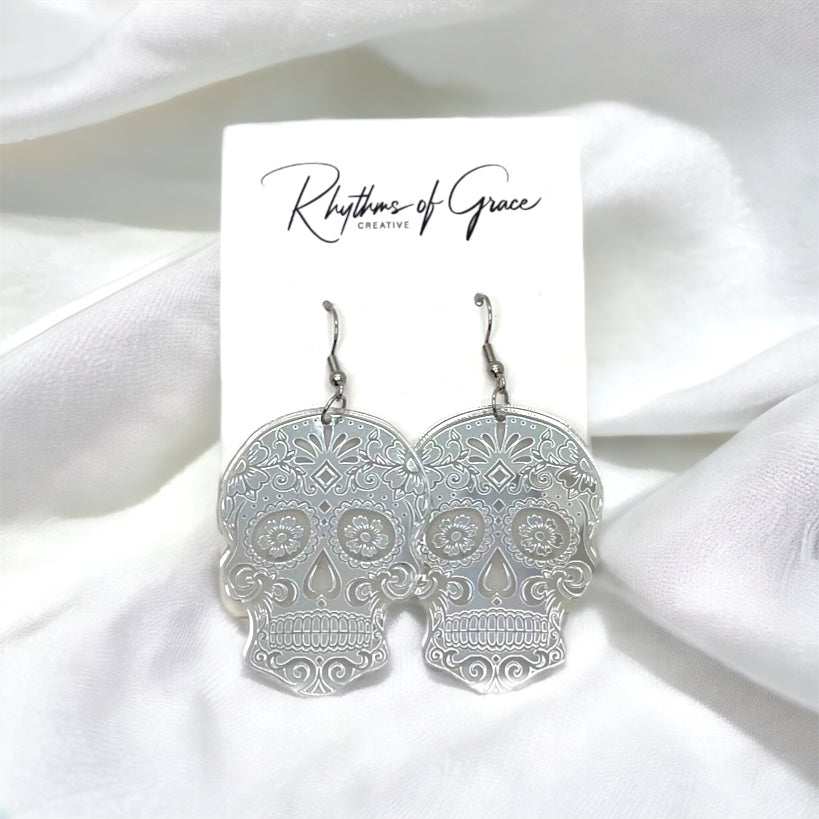 Metallic Skull Earrings - Halloween Earrings, Skeleton Earrings, Halloween Skull, Halloween Earrings, Sugar Skull, Trick or Treat - Rhythms of Grace Creative