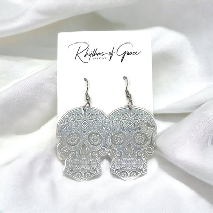 Metallic Skull Earrings - Halloween Earrings, Skeleton Earrings, Halloween Skull, Halloween Earrings, Sugar Skull, Trick or Treat - Rhythms of Grace Creative