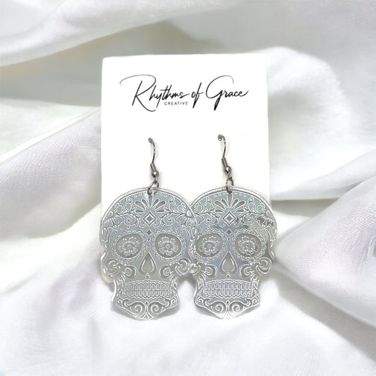 Metallic Skull Earrings - Halloween Earrings, Skeleton Earrings, Halloween Skull, Halloween Earrings, Sugar Skull, Trick or Treat - Rhythms of Grace Creative
