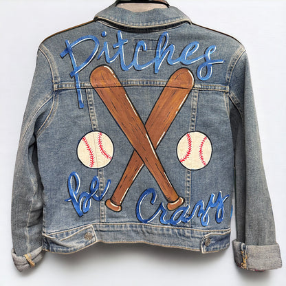 Pitches Be Crazy! Unique Hand-Painted Baseball Jean Jacket ⚾️