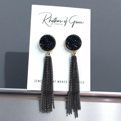 Glamorous Black & Gold Druzy Dangle Earrings - Sparkle & Shine! 🌟