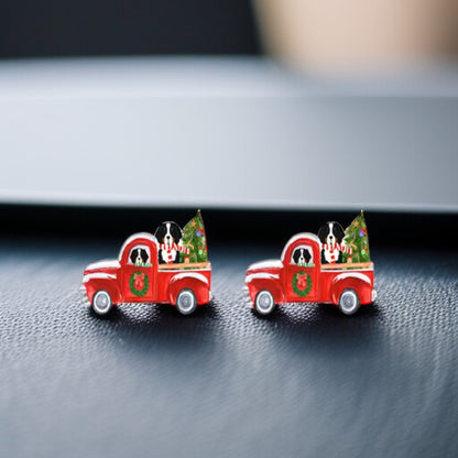 Jolly Pickup Truck Earrings: Holiday Cheer with a St. Bernard Twist!