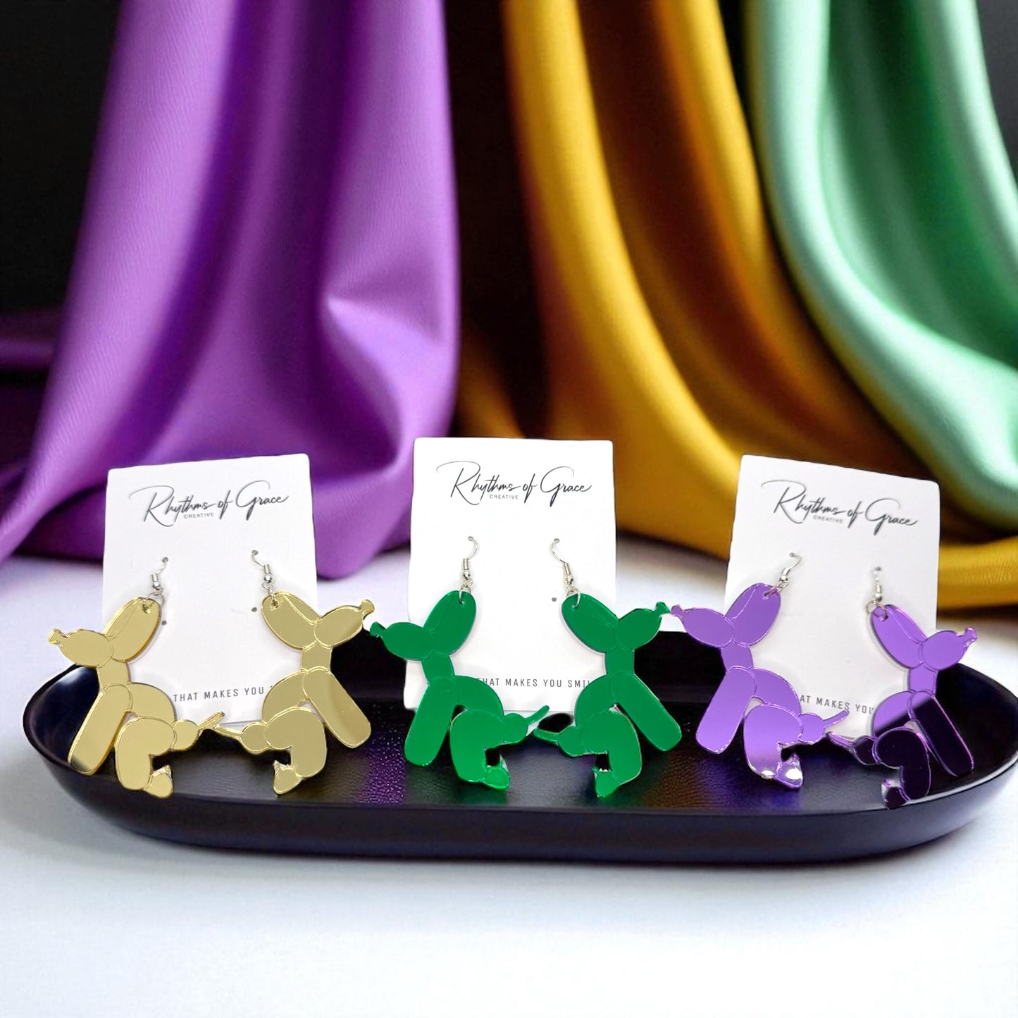 Paw-sitively Fun Mardi Gras Balloon Dog Earrings – Pooping Playfulness in Every Color! - Rhythms of Grace Creative