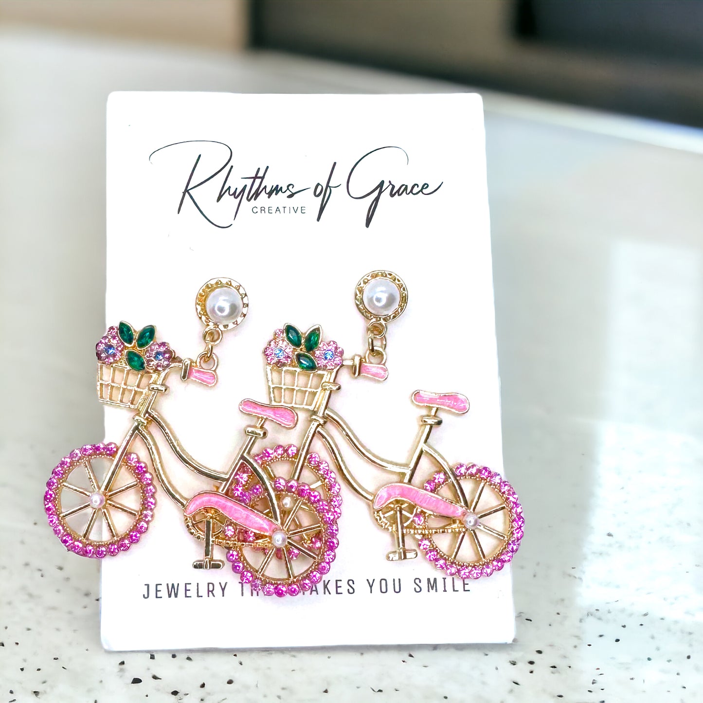 Two-Wheeled Sparkle – Bicycle Earrings with Floral Flair
