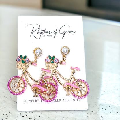 Two-Wheeled Sparkle – Bicycle Earrings with Floral Flair