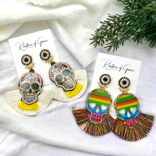 Skull Earrings - Halloween Earrings, Sugar Skull Earrings, Halloween Accessories, Halloween Earrings, Undertaker Earrings, Halloween Accessories - Rhythms of Grace Creative