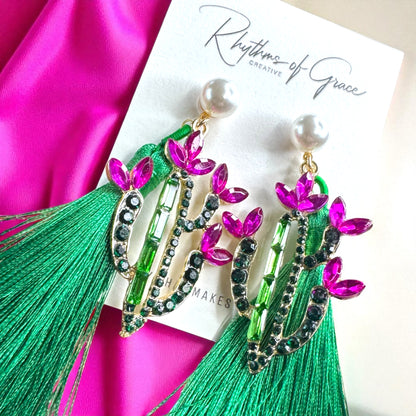 Sparkle in the Desert – Rhinestone Cactus Tassel Earrings 🌵