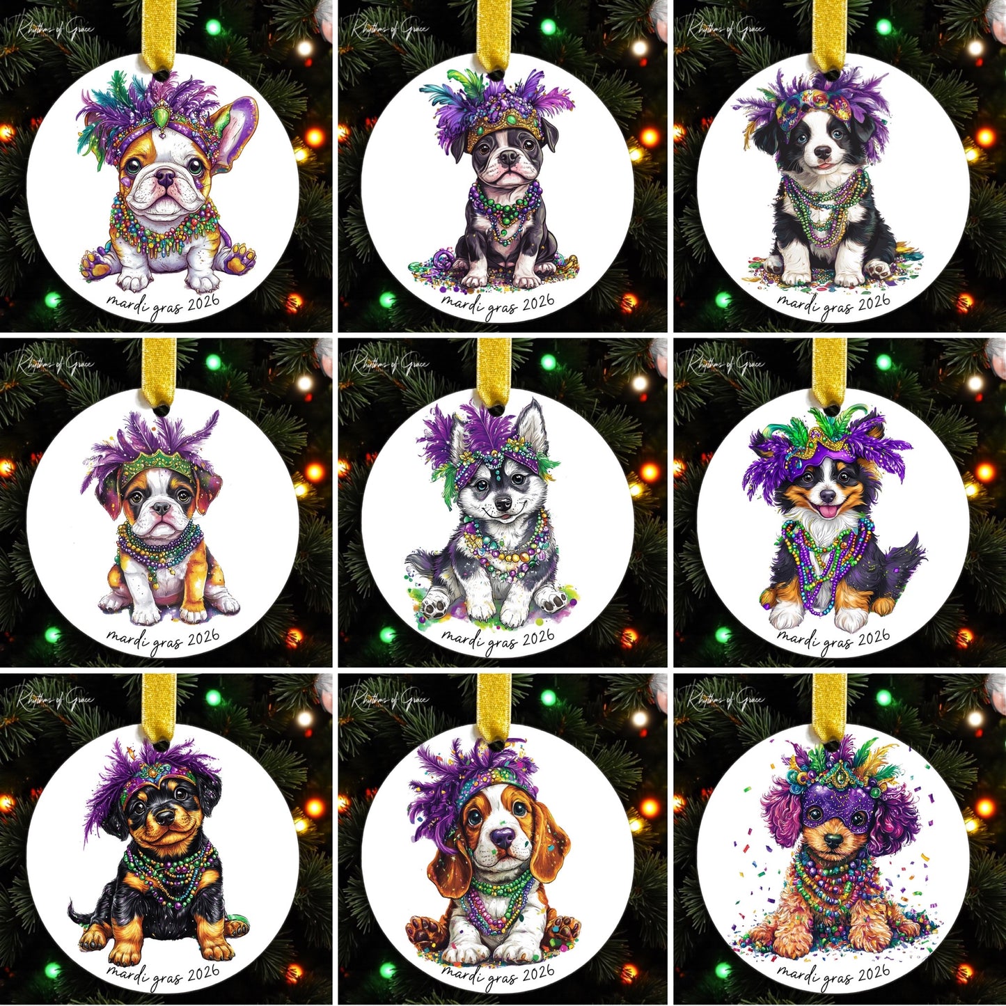 Set of dog-themed Christmas ornaments with colorful headdresses on a decorated tree.