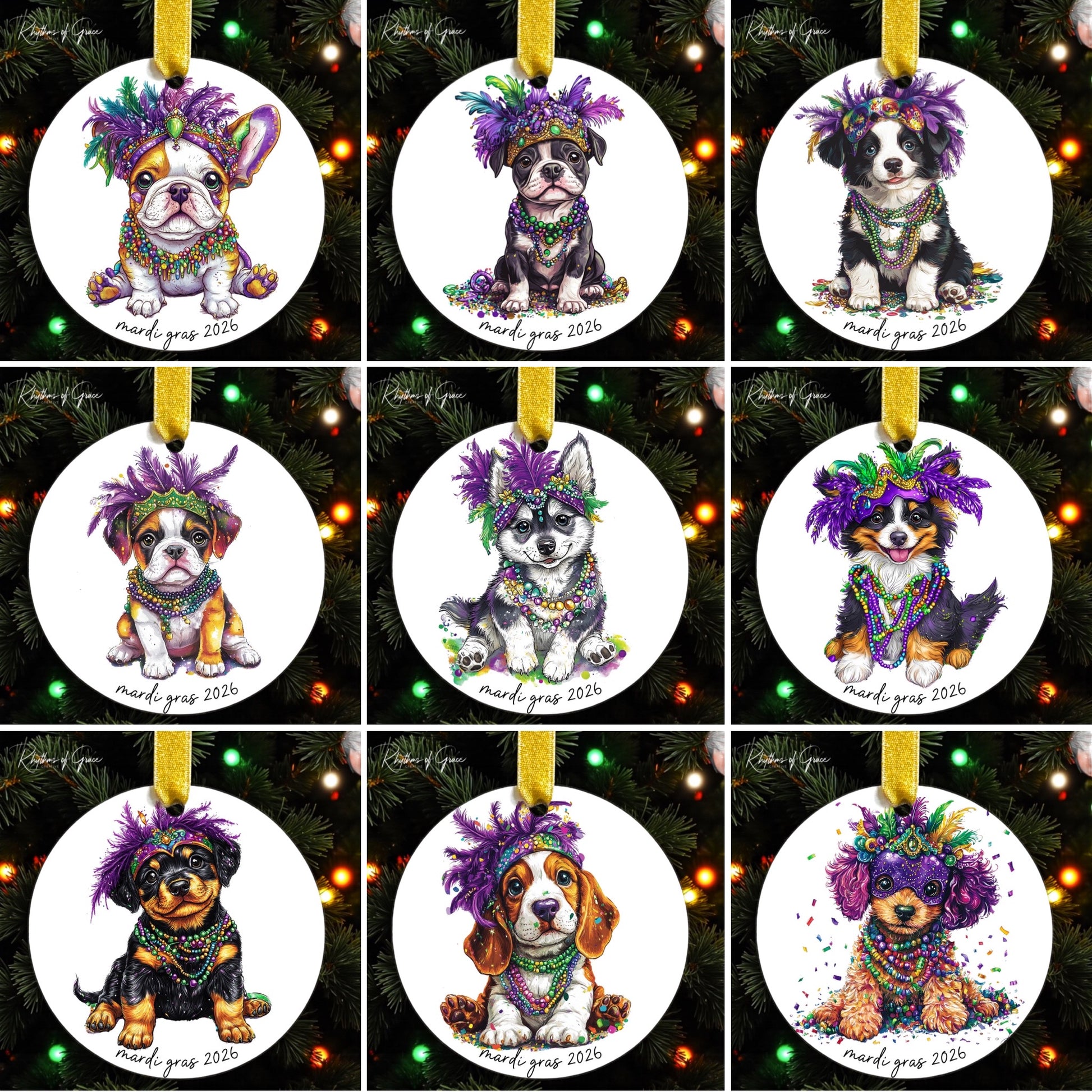 Set of dog-themed Christmas ornaments with colorful headdresses on a decorated tree.