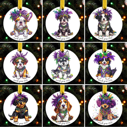 Set of dog-themed Christmas ornaments with colorful headdresses on a decorated tree.