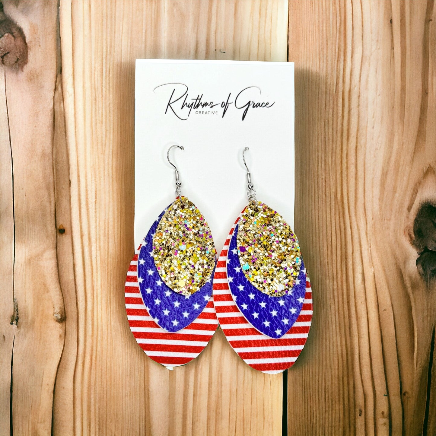 Patriotic Glamour: Red, White & Blue with Gold Glitter Dangle Earrings