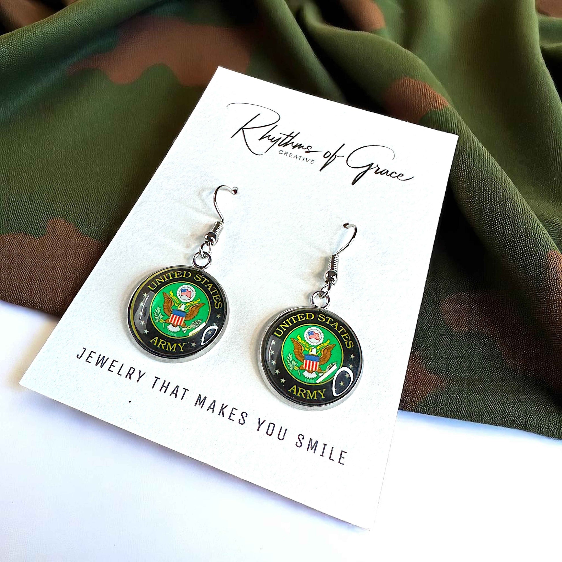 Military Mom Marvels: Army Cabochon Dangle Earrings!
