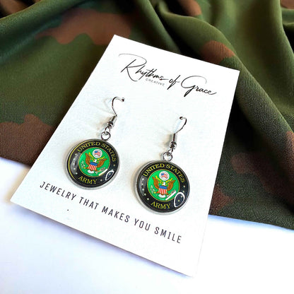 Military Mom Marvels: Army Cabochon Dangle Earrings!