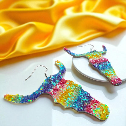 Longhorn Dangle Earrings - Sparkle with Rainbow Glitter!