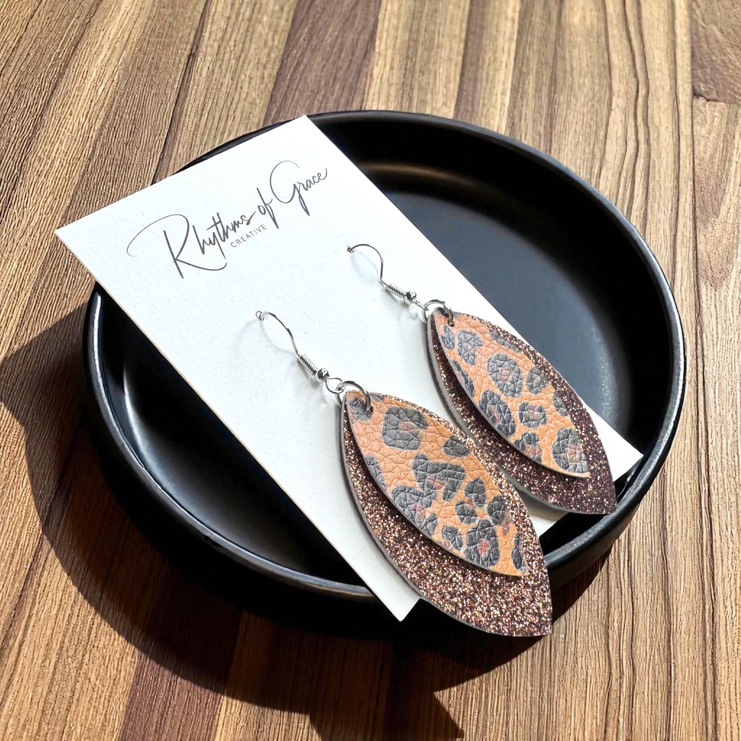 Wild & Glam – Brown Glitter + Animal Print Dangle Earrings
