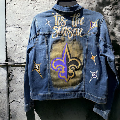 Hand-Painted Jean Jacket:  ‘Tis the Season! | Perfect for LSU & Saints Fans | Fashionable Fitted Cropped Denim
