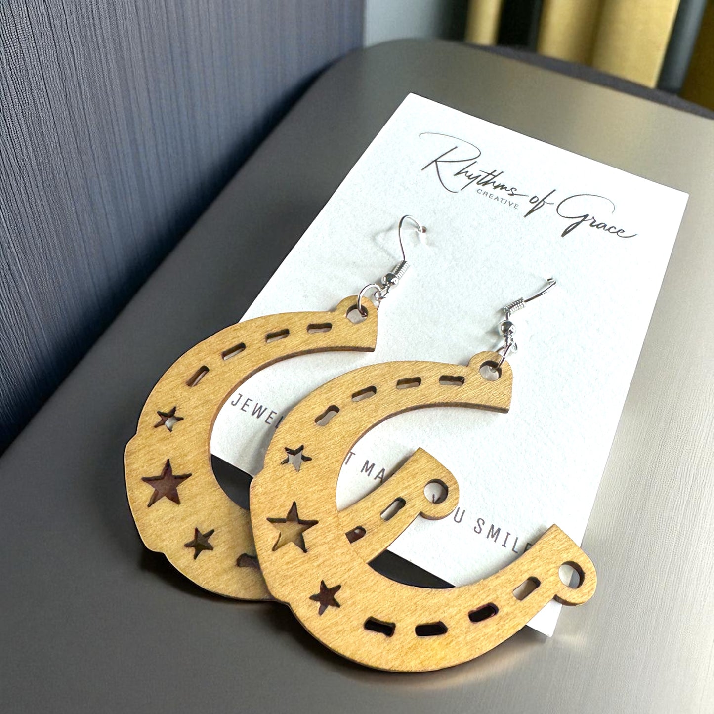 Saddle Up in Style with Our Wooden Horseshoe Dangle Earrings!