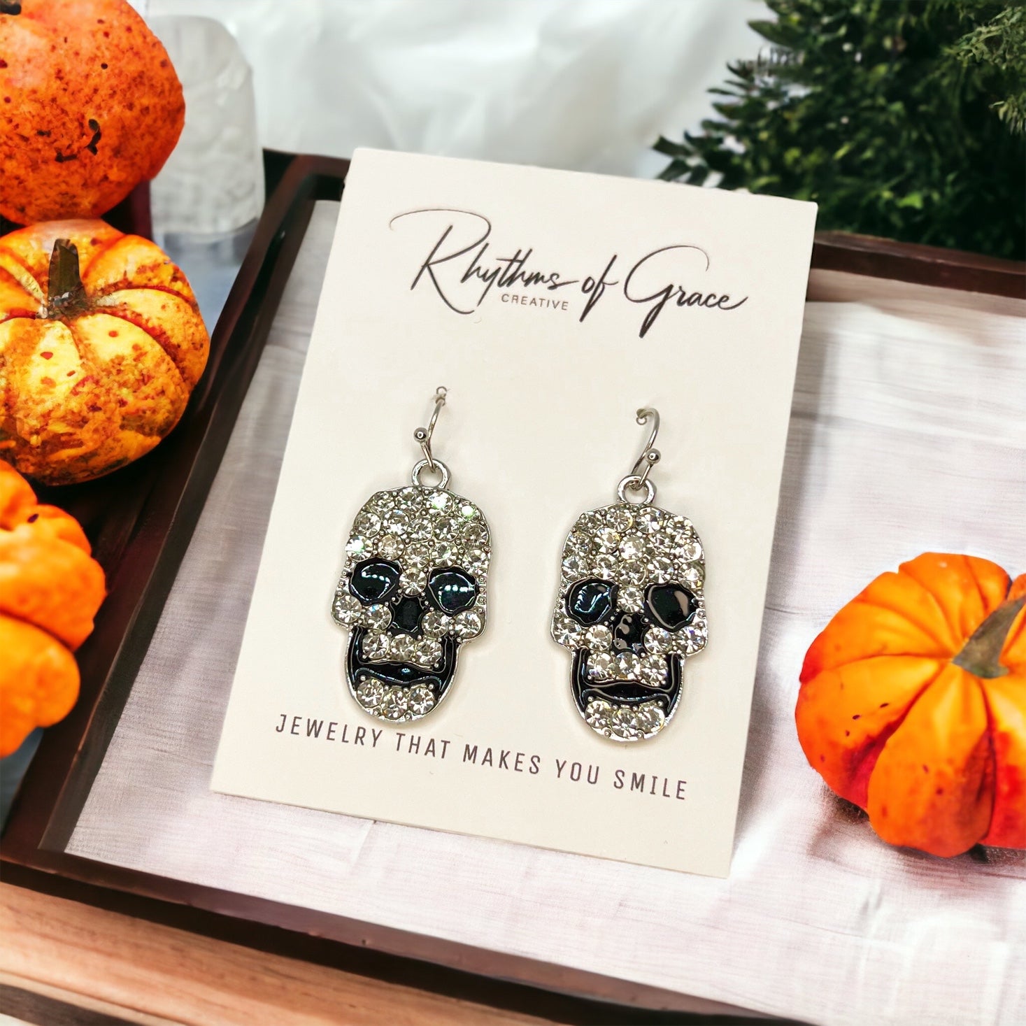 Rhinestone Skull Earrings - Halloween Jewelry, Halloween Accessories, Trick or Treat, Halloween Costume - Rhythms of Grace Creative