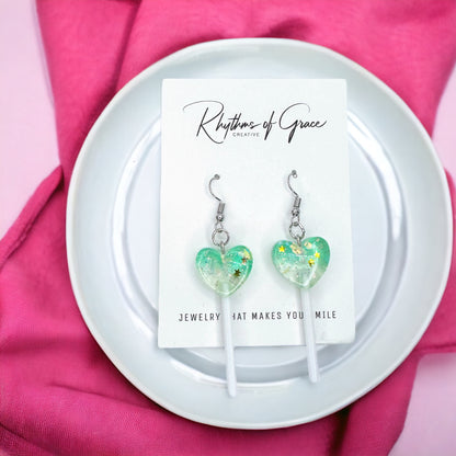 Sweetheart Swirl – Heart Lollipop Earrings in Candy Colors 🍭