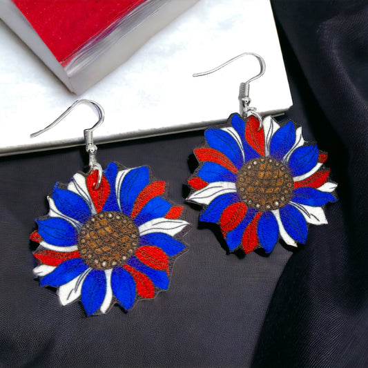 Patriotic Red White and Blue Flower Dangle Earrings – Perfect for Any Celebration