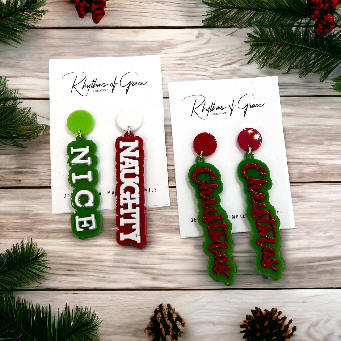 Christmas Earrings - Naughty or Nice, Red and Green Earrings - Rhythms of Grace Creative