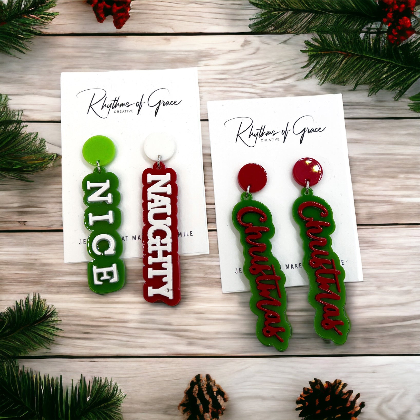 Christmas Earrings - Naughty or Nice, Red and Green Earrings - Rhythms of Grace Creative
