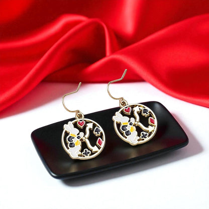 Dive into Wonderland: Enchanting Mismatched Alice Earrings with White Rabbit & Clock Charm!